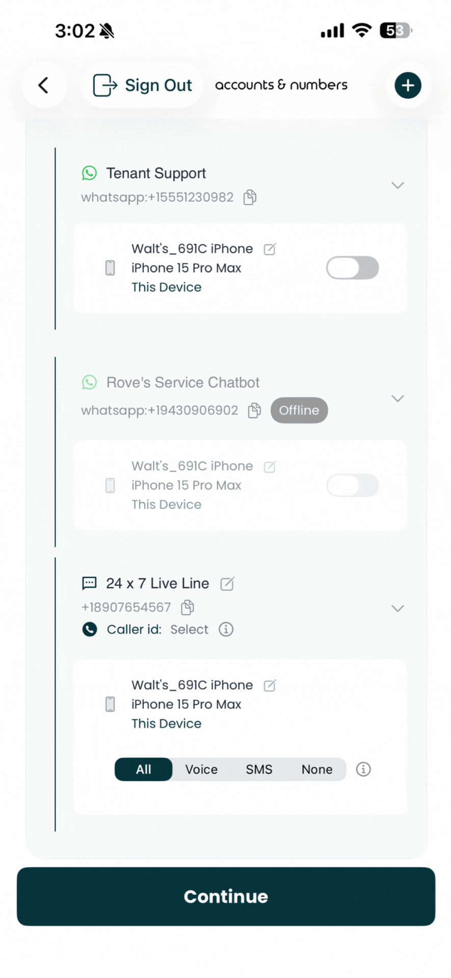Animated demonstration of expanding Twilio account, viewing phone numbers, and selecting service type options (All, Voice, SMS, None) in Mango app
