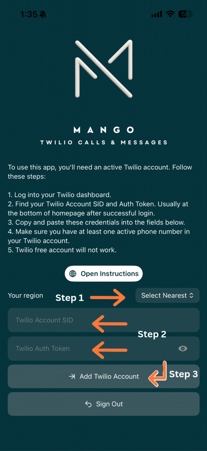 Screenshot of Mango where user has to put Twilio Account SID and Auth Token when First Time Signing in