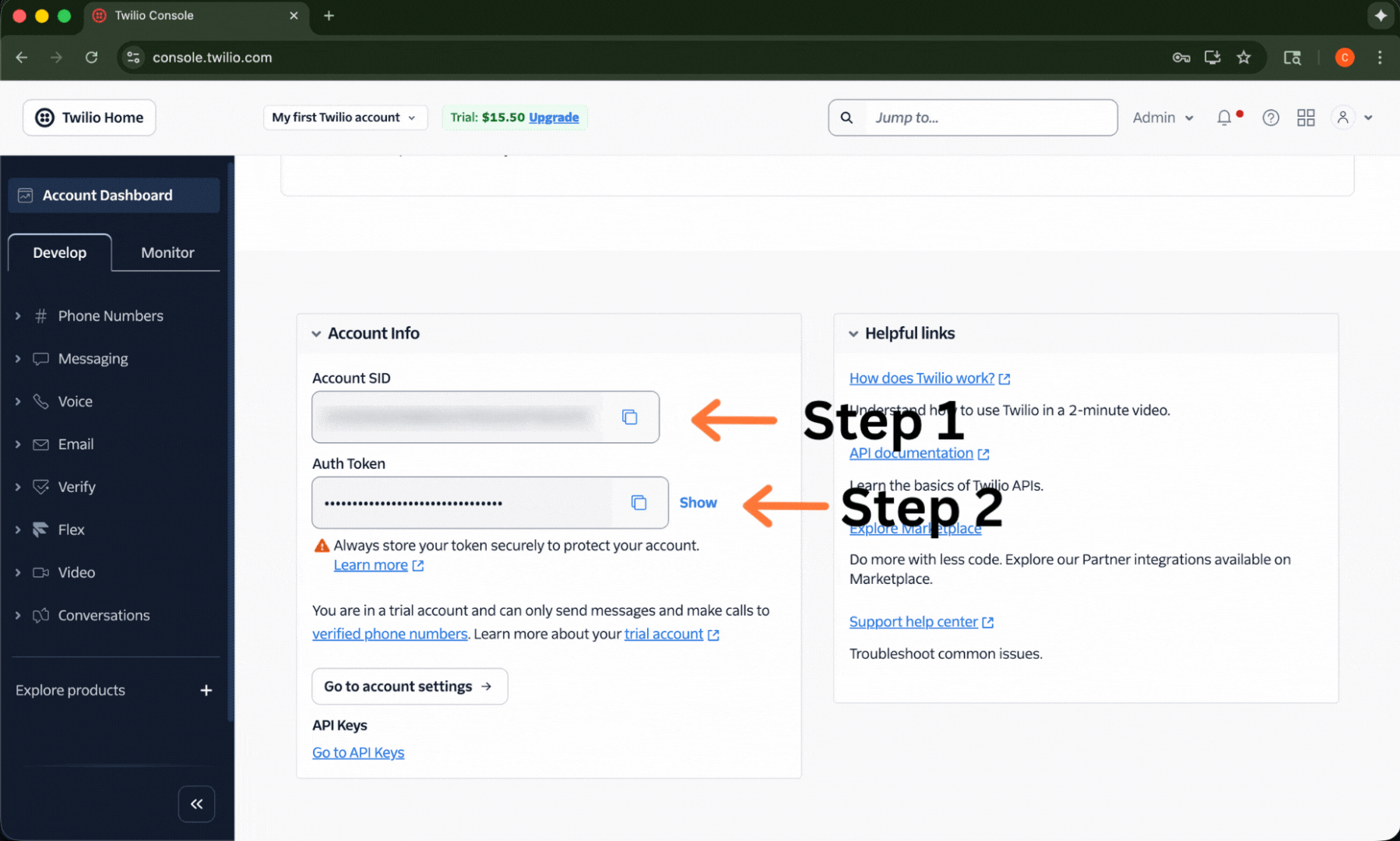 Screenshot of Twilio Console dashboard showing the location of Account SID and Auth Token fields at the bottom left of the page