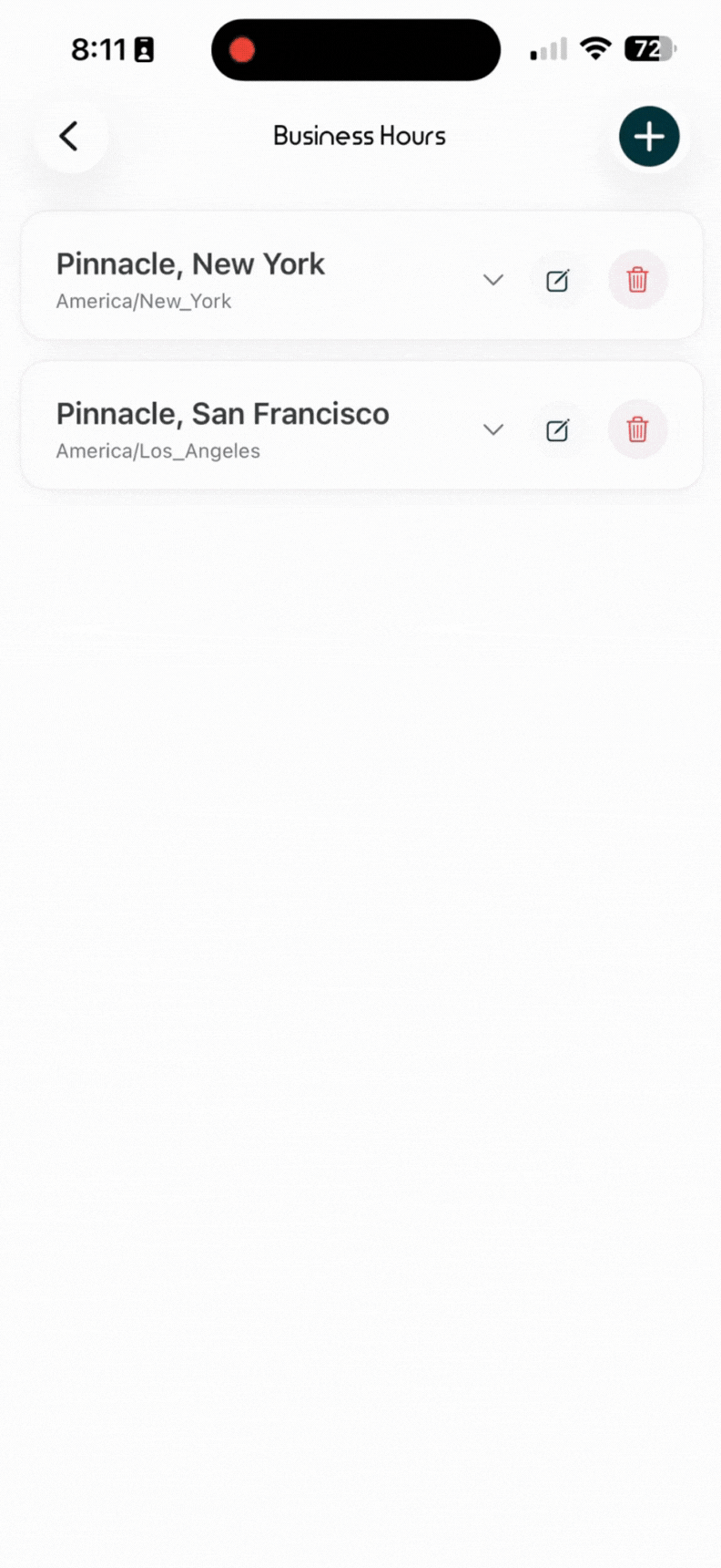 Animated demonstration of setting up business hours schedule in Mango app showing schedule creation and time selection