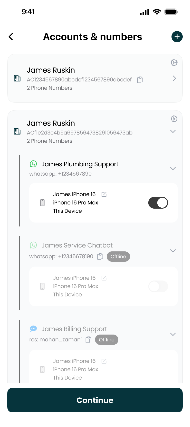 Mango accounts screen displaying multiple Twilio accounts and their associated phone numbers