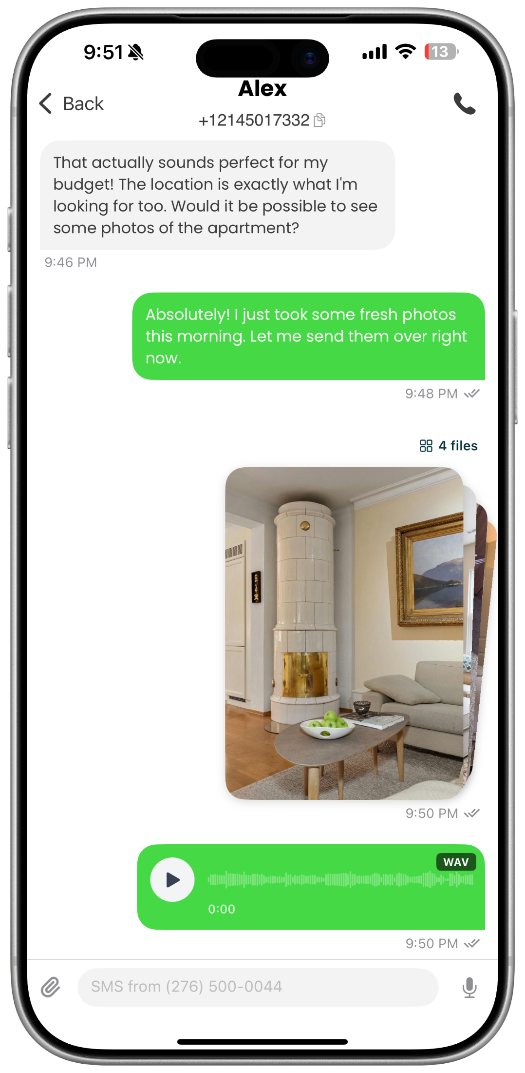 Mango messaging conversation screen showing SMS and RCS text message exchange