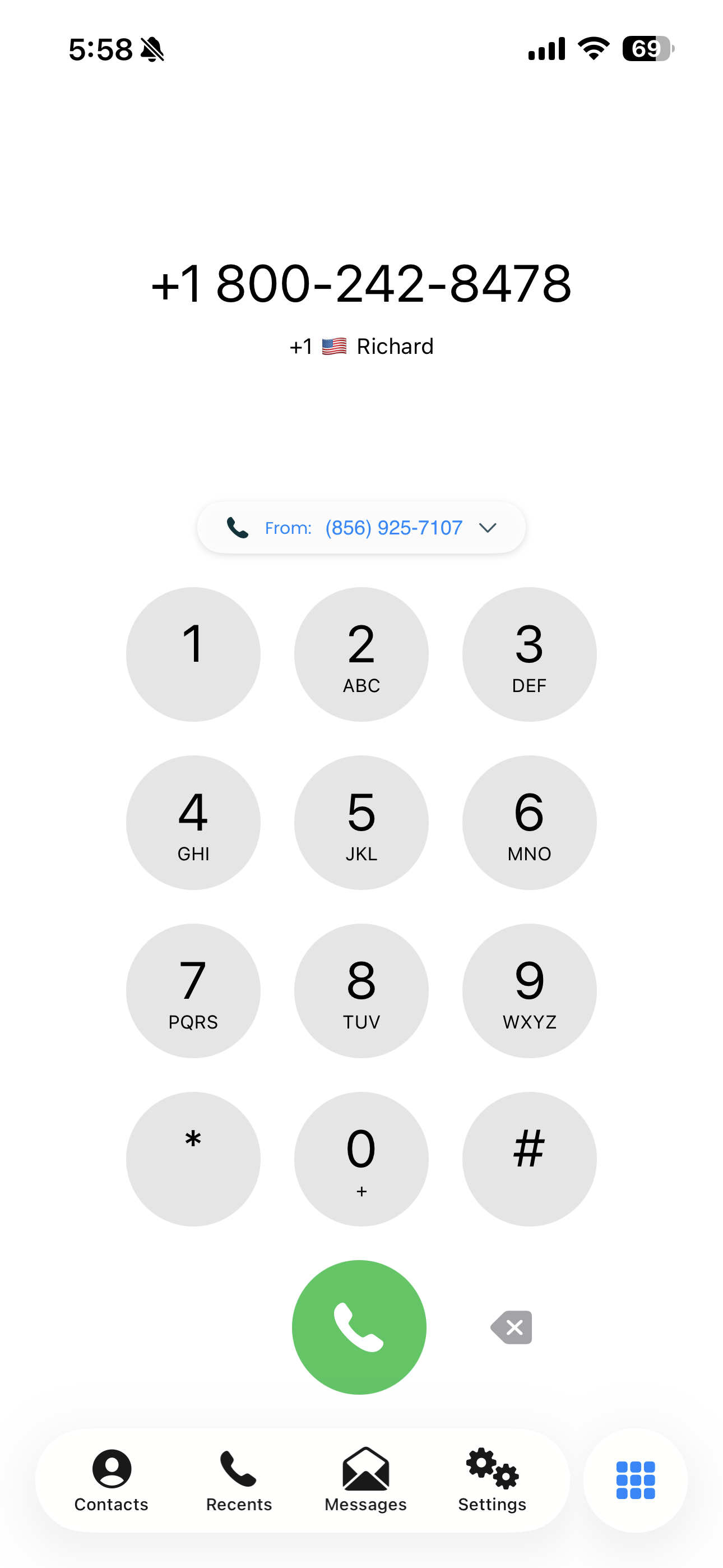 Mango dial pad screen for making outbound calls with number input and call button