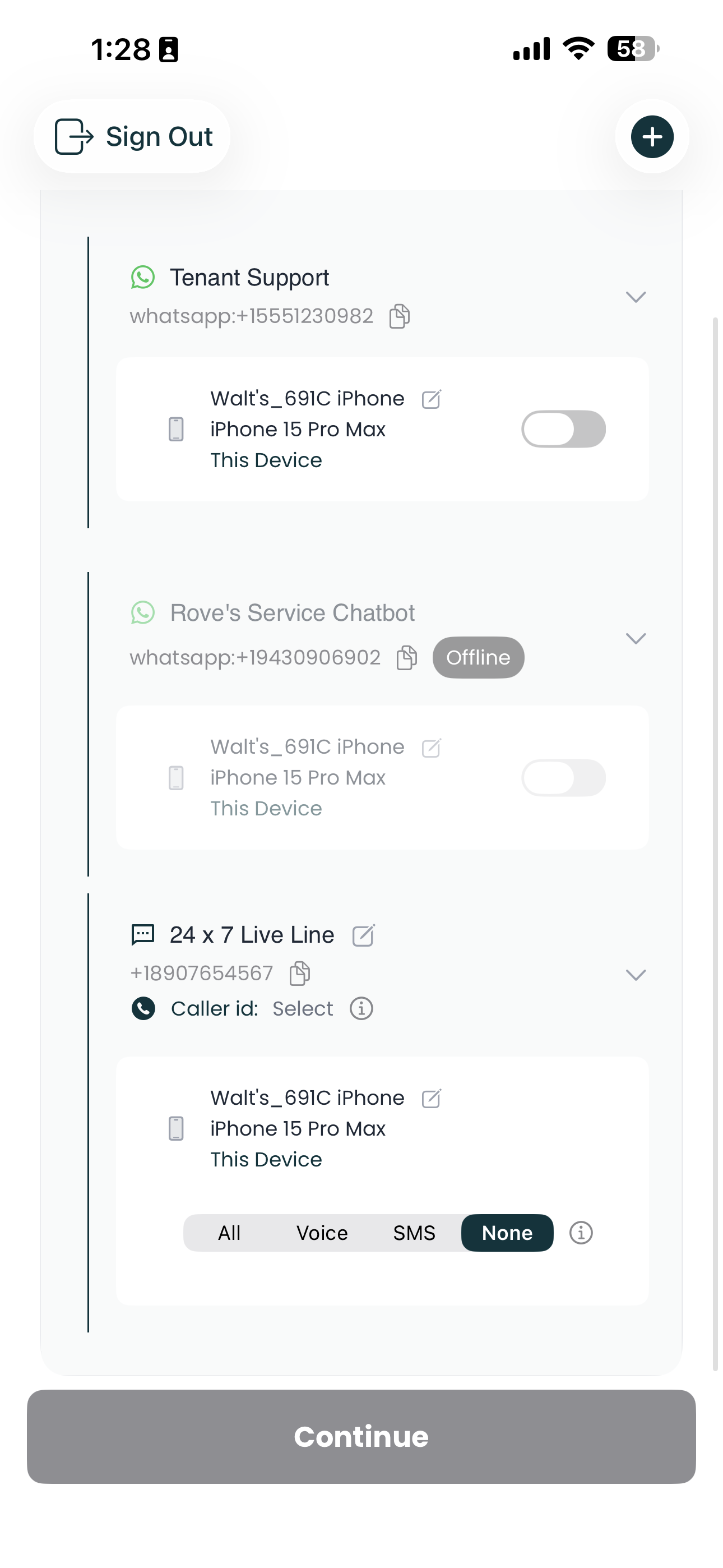 Mango phone number list showing service toggle options for All, Voice, SMS, and None