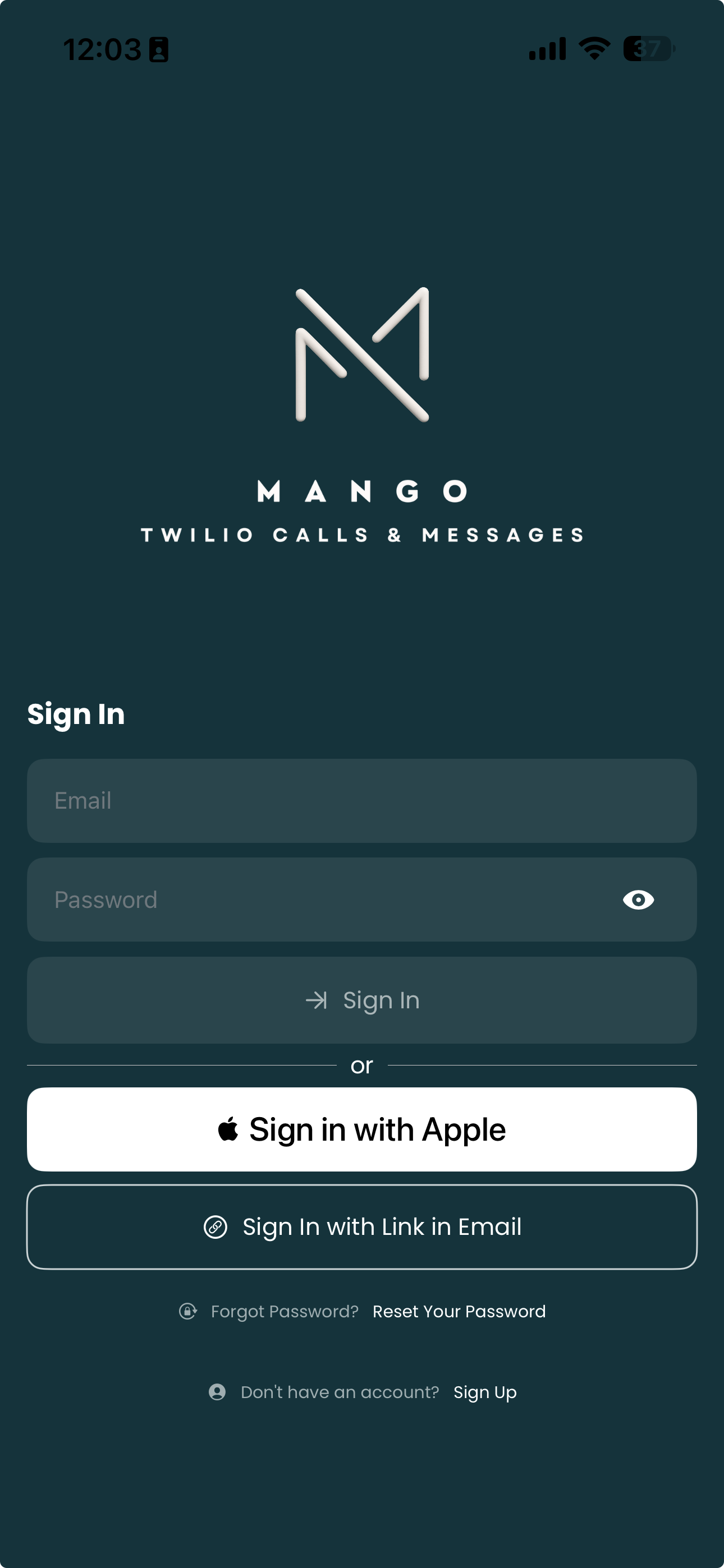Mango sign in screen with options to create an account or log in to existing account