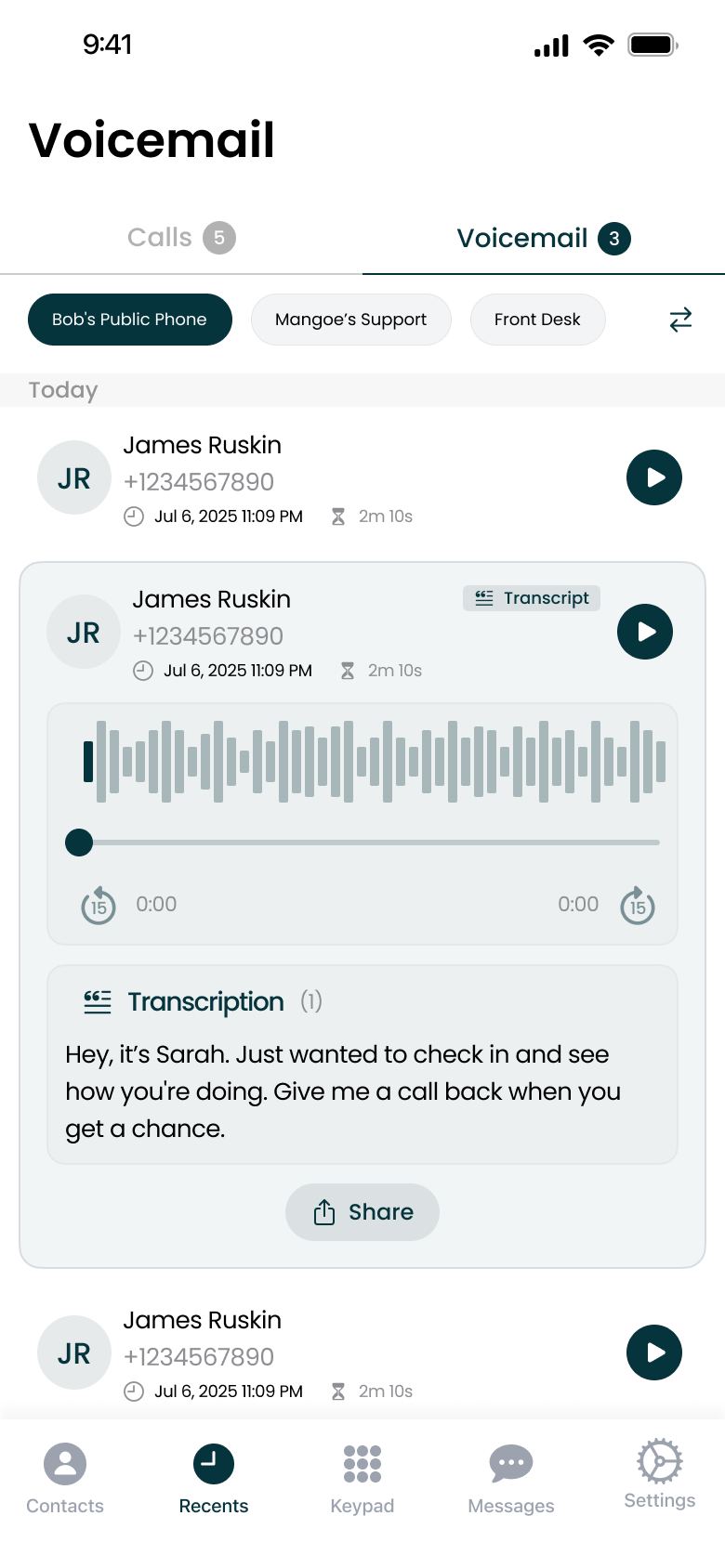Mango voicemail settings screen showing custom greeting options and voicemail configurations